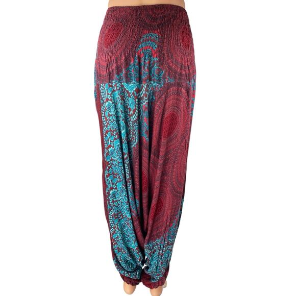 Women's Red Blue Floral Smocked Drapey Tapered Jogger Harem Pants One Size - Picture 3 of 5
